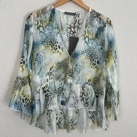 NEW Italian Silk Top Blouse Animal Print Sheer Ruffle Boho Peasant Tribal Fall - Picture 1 of 9